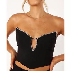 Chic Black Strapless Crop Top with Rhinestone Detail